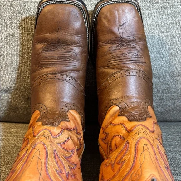 Justin Square Toe Men's Brown & Orange Western Cowboy Boots Size 12D - Picture 6 of 12